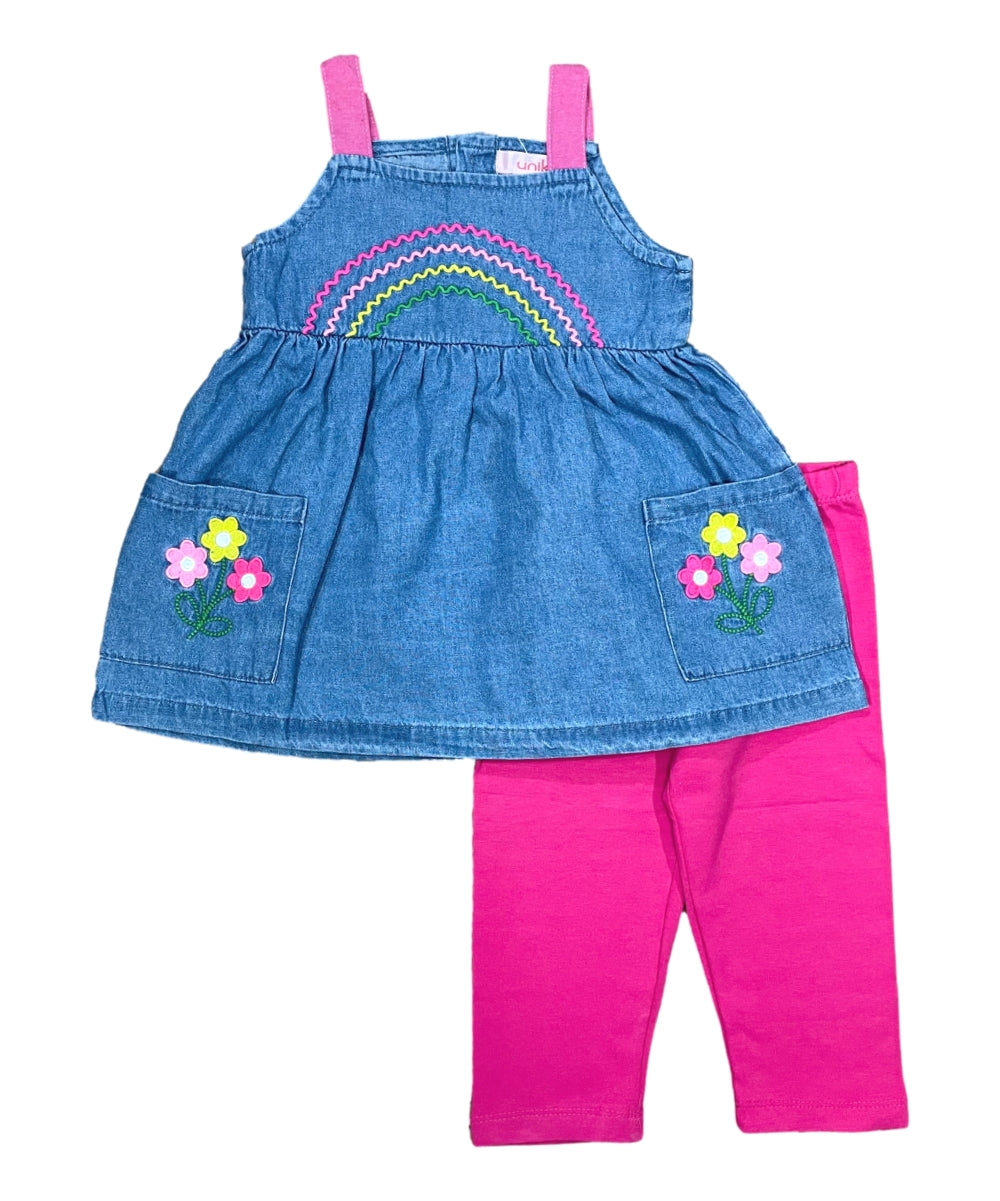 Embroidered Chambray Dress With Leggings Pink BL2210
