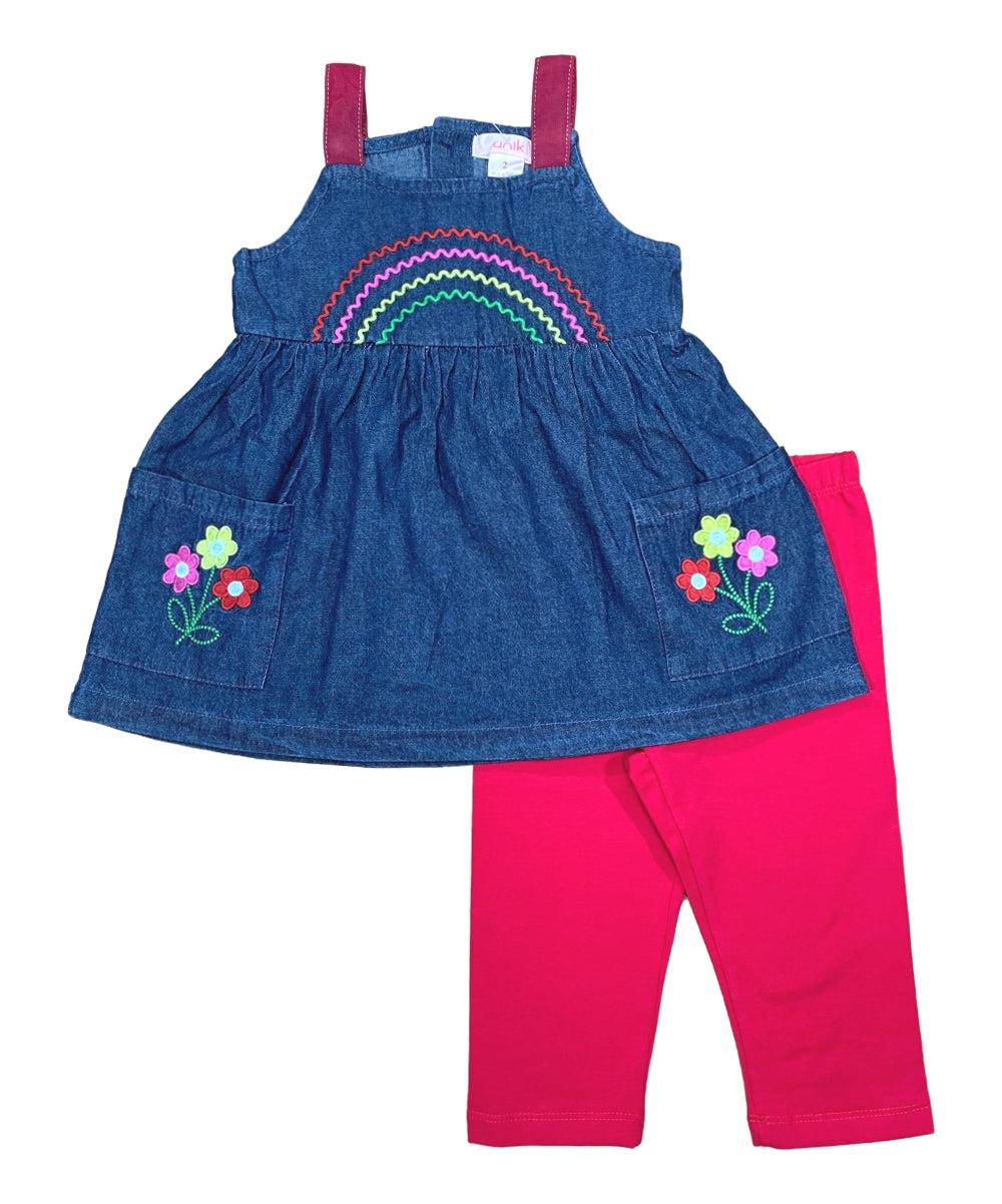 Embroidered Chambray Dress With Leggings Pink BL2210