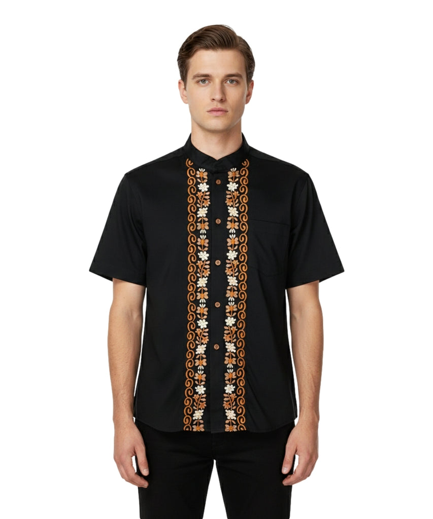 Premium Quality Mens Guayabera Embroidery Shirts Black Floral BSM08A