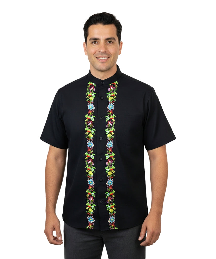 Premium Quality Mens Guayabera Embroidery Shirts Black Quetzal BSM08A