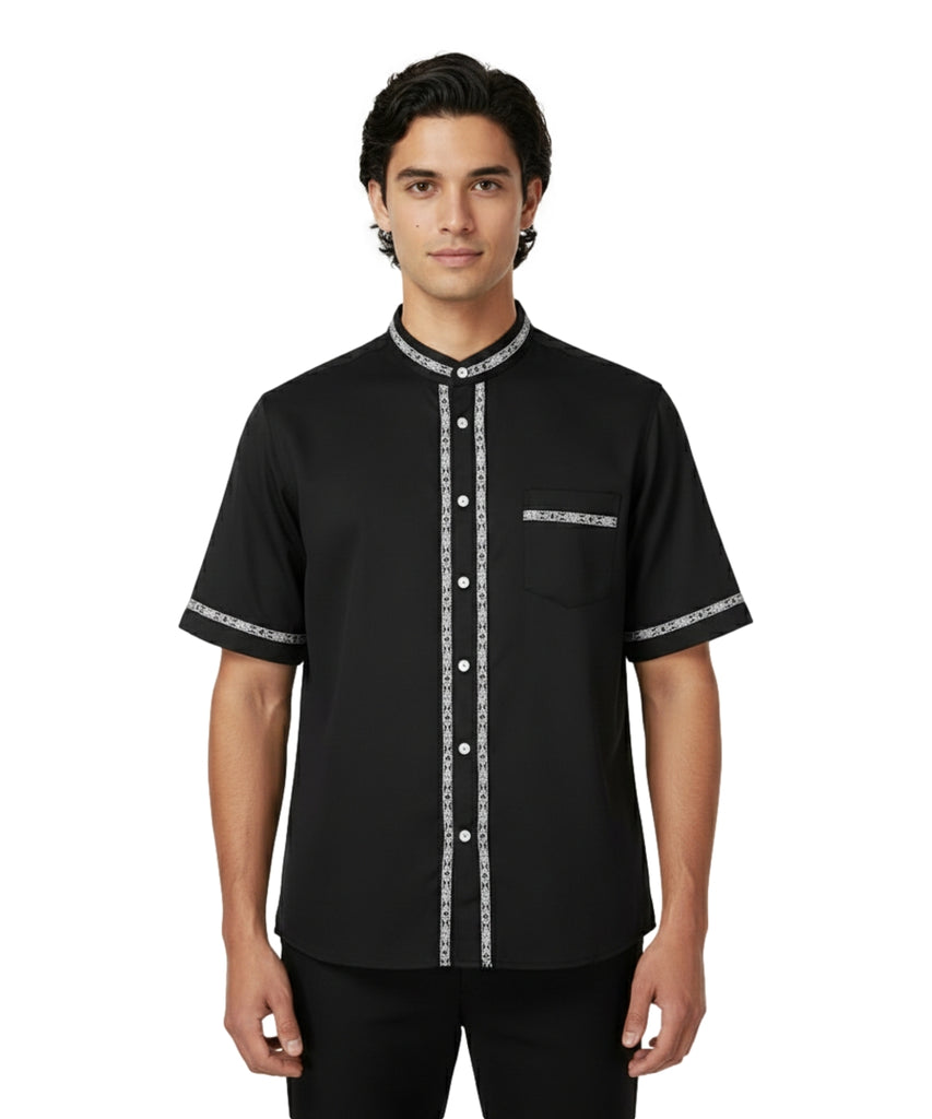 Premium Quality Mens Guayabera Embroidery Shirts Black Trim BSM08A