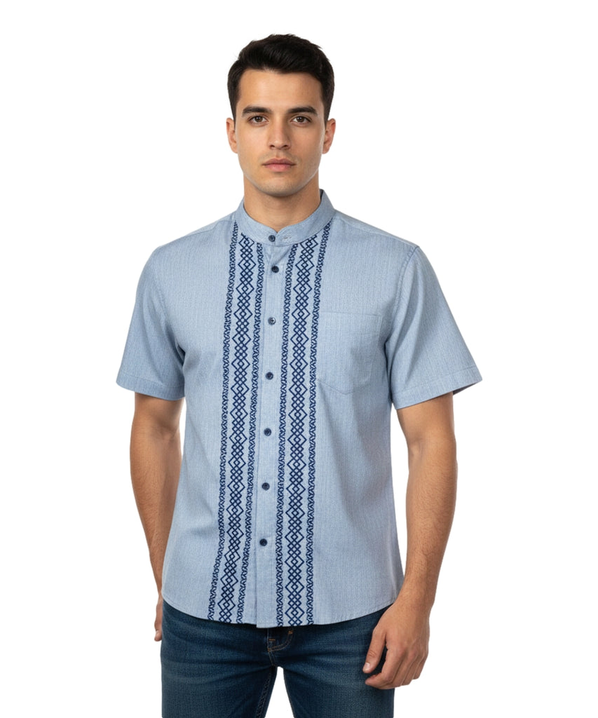 Premium Quality Mens Guayabera Embroidery Shirts Chambray Diamond BSM08A