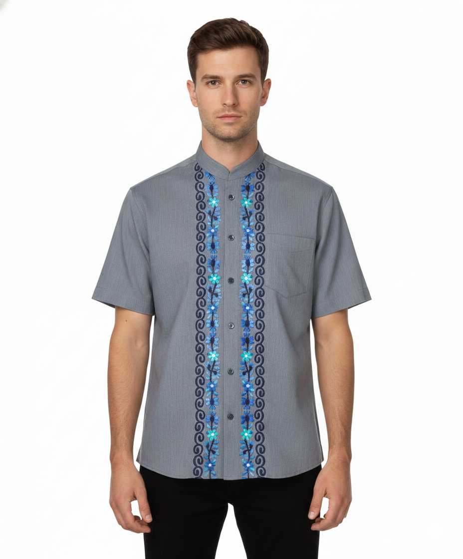 Premium Quality Mens Guayabera Embroidery Shirts Black Floral BSM08A