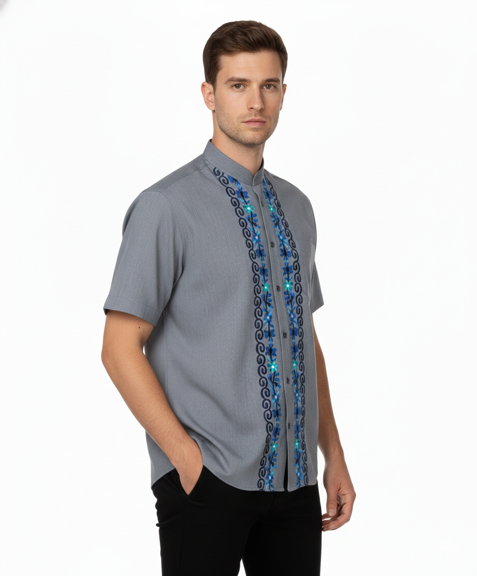 Premium Quality Mens Guayabera Embroidery Shirts Charcoal BSM08A