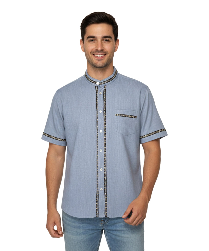 Premium Quality Mens Guayabera Embroidery Shirts Chambray Trim BSM08A