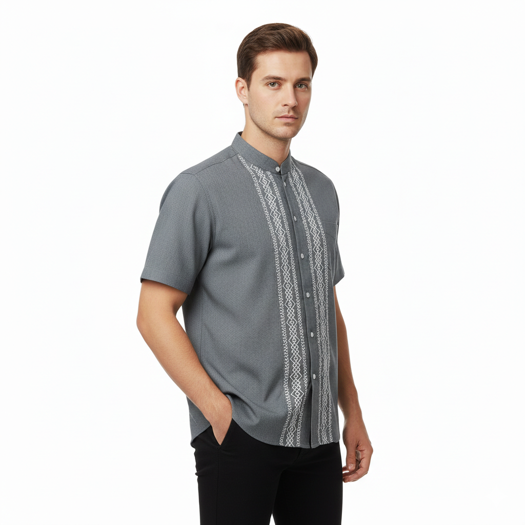 Premium Quality Mens Guayabera Embroidery Shirts D Grey Quetzal BSM08A