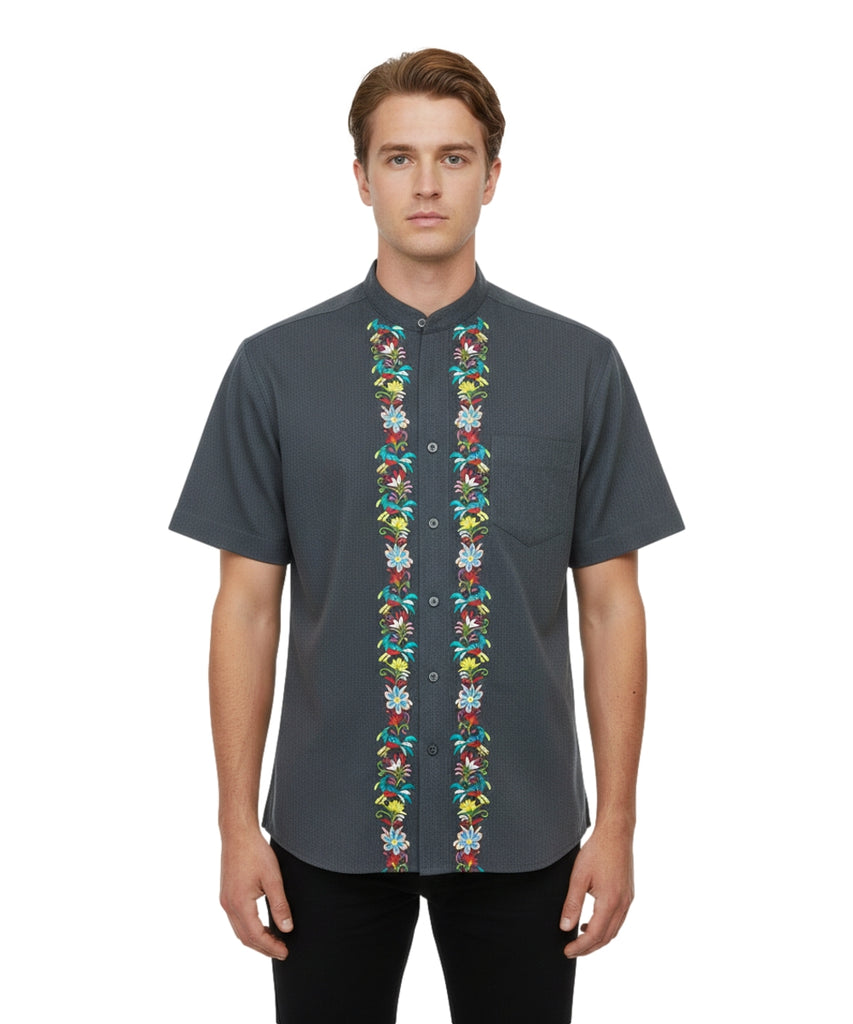 Premium Quality Mens Guayabera Embroidery Shirts D Grey Quetzal BSM08A