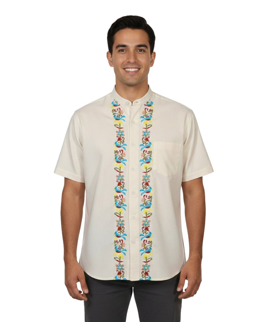 Premium Quality Mens Guayabera Embroidery Shirts Ivory Quetzal BSM08A