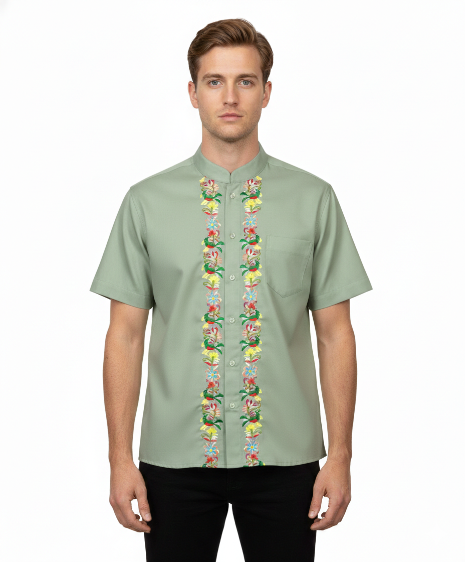 Premium Quality Mens Guayabera Embroidery Shirts Sage Quetzal BSM08A