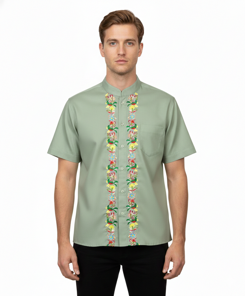 Premium Quality Mens Guayabera Embroidery Shirts Sage Quetzal BSM08A