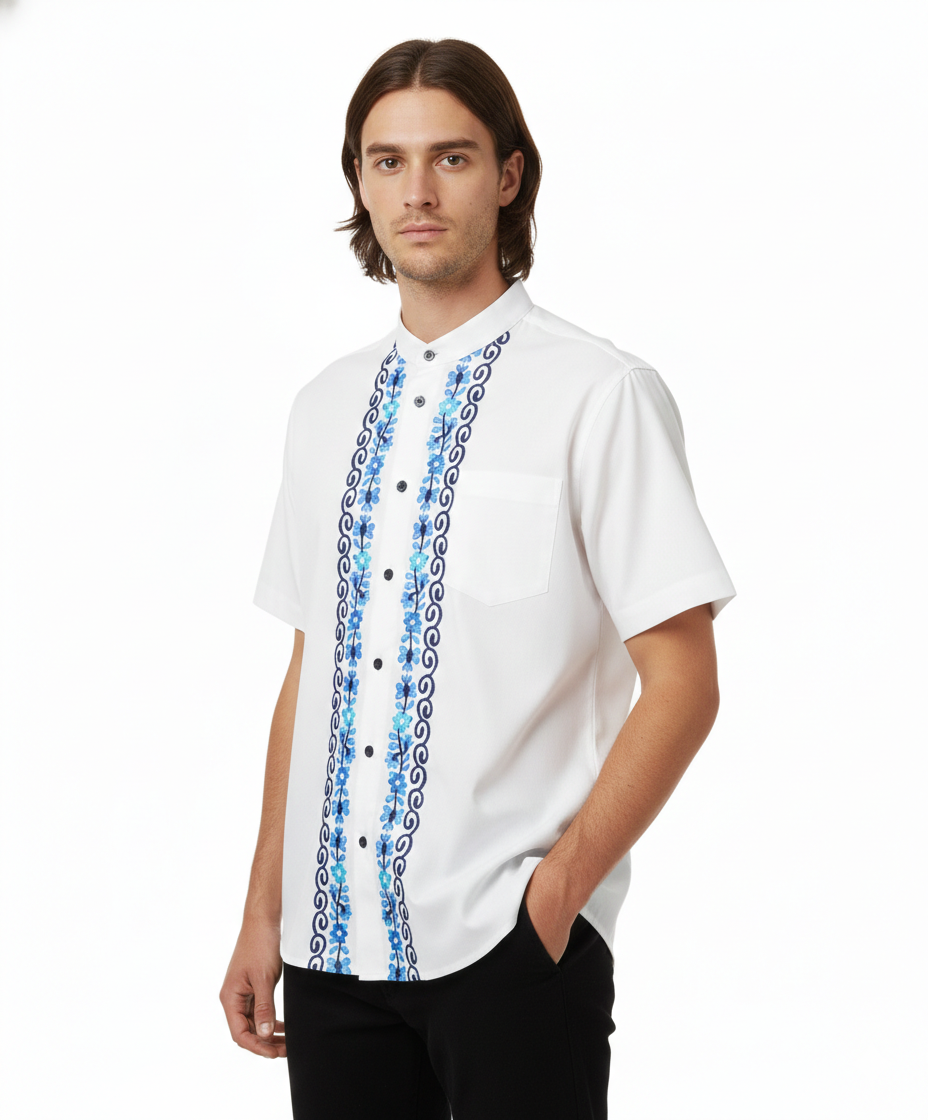Premium Quality Mens Guayabera Embroidery Shirts Chambray Diamond BSM08A