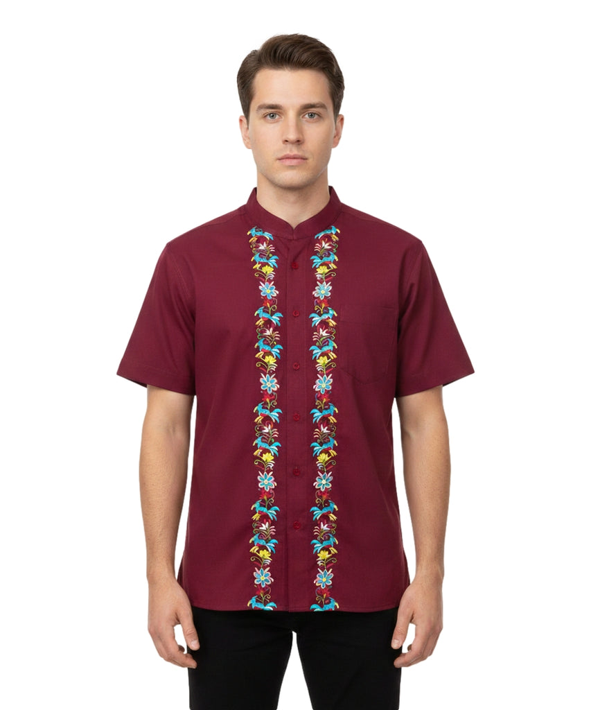 Premium Quality Mens Guayabera Embroidery Shirts Wine Quetzal BSM08A