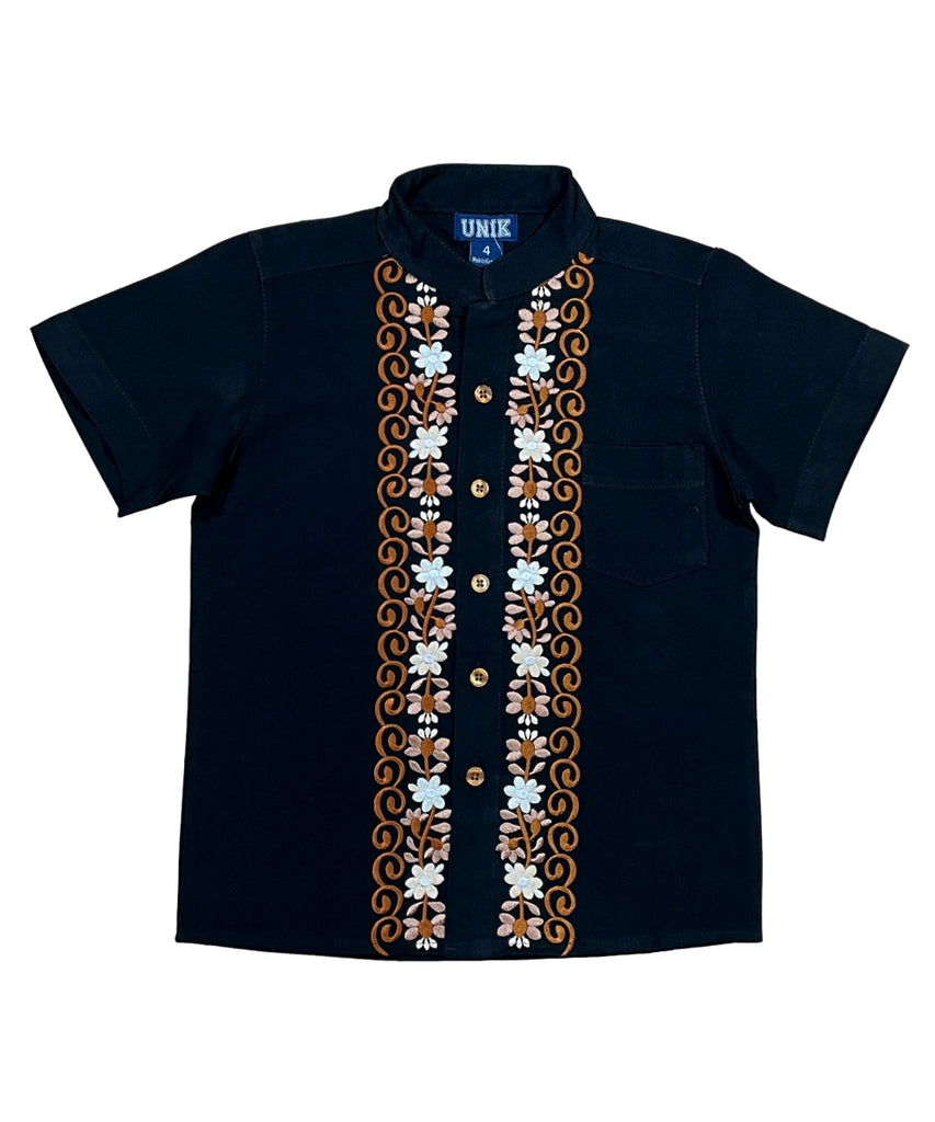 Boys Black Floral Guayabera button up shirt 4-14
