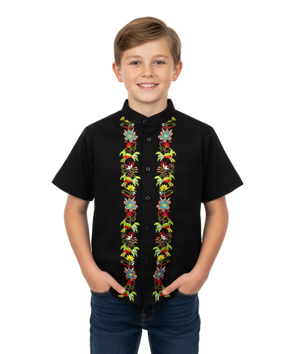 Premium Quality Boys Guayabera Embroidery Button down Shirt White Floral BSM08