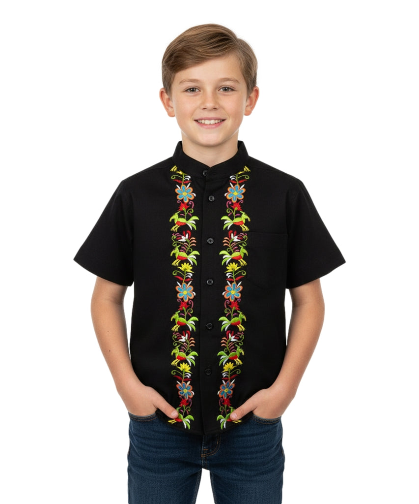 Premium Quality Boys Guayabera Embroidery Button down Black Quetzal BSM08