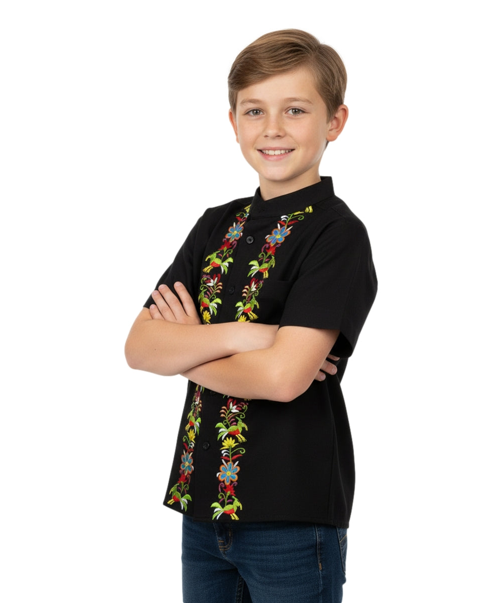Premium Quality Boys Guayabera Embroidery Button down Shirt White Floral BSM08