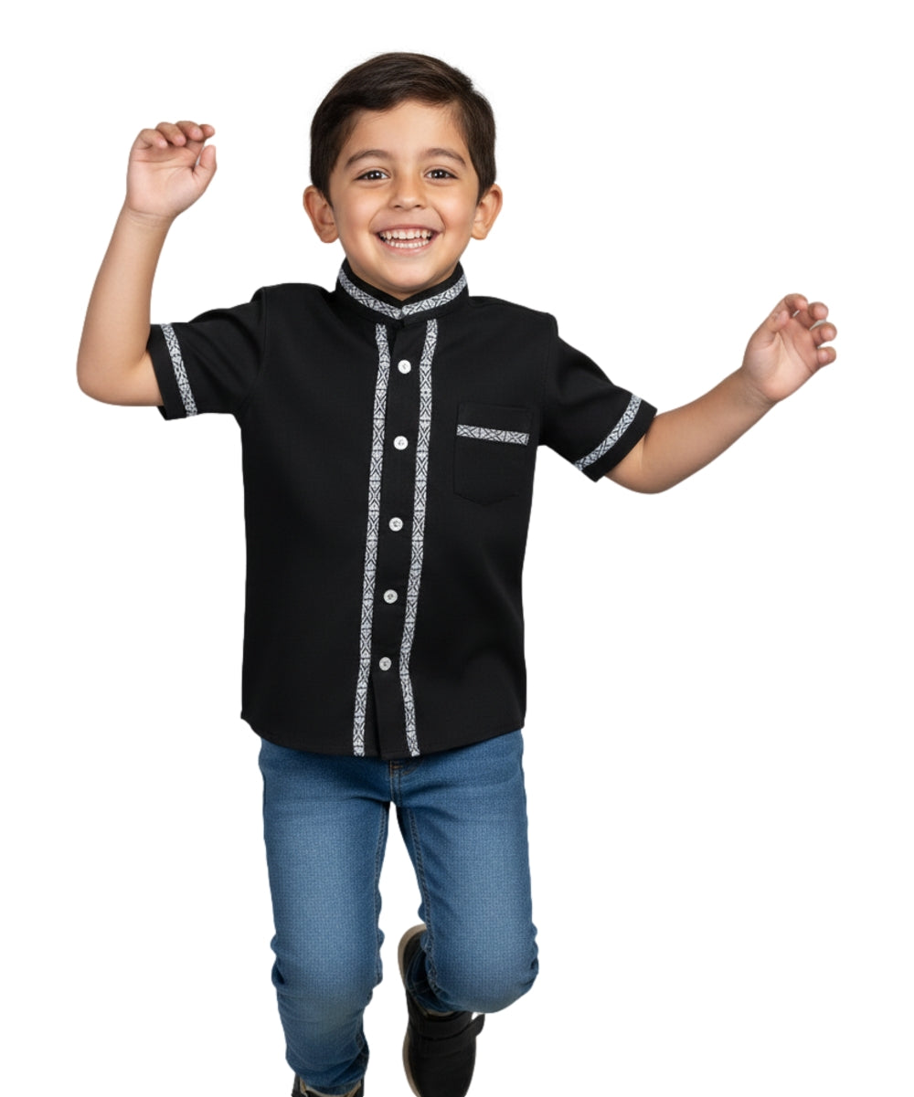 Premium Quality Boys Guayabera Embroidery Button down Ivory Diamond BSM08