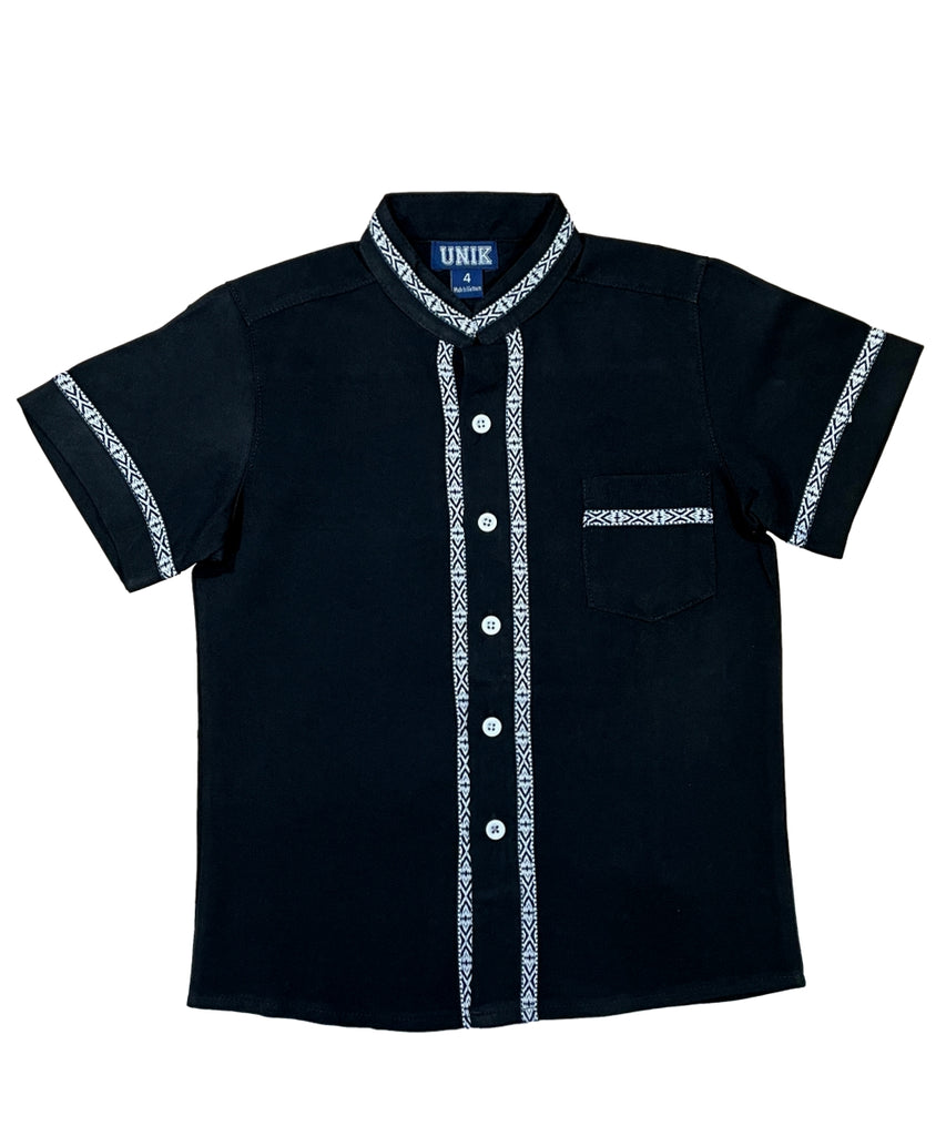 Boys Black Trim Guayabera button up shirt 4-14