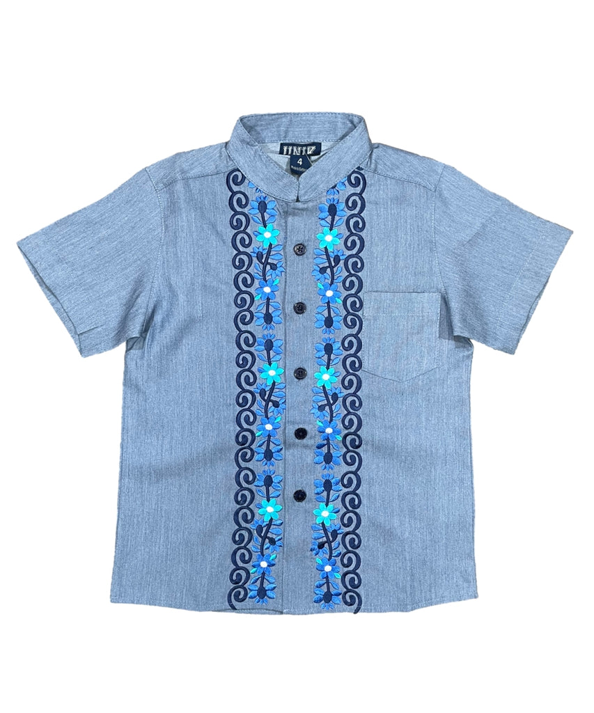 Boys Chambray Floral Guayabera button up shirt 4-14