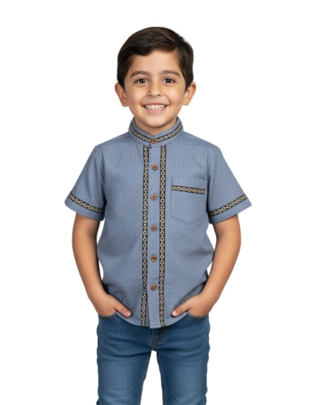 Premium Quality Boys Guayabera Embroidery Button down Shirt White Floral BSM08