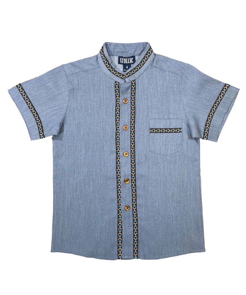 Boys Chambray Trim Guayabera button up shirt 4-14