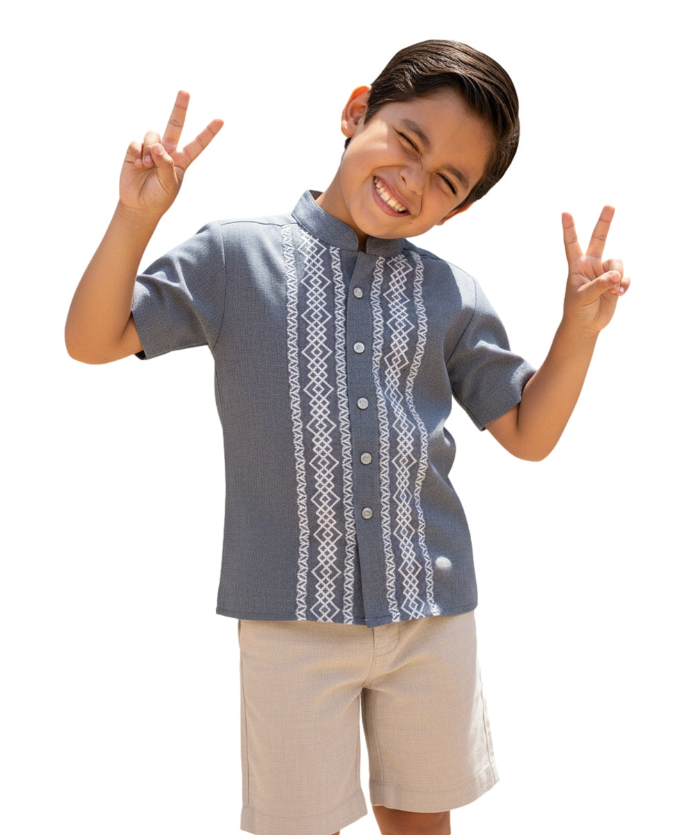 Premium Quality Boys Guayabera Embroidery Button down Shirt Black Trim BSM08
