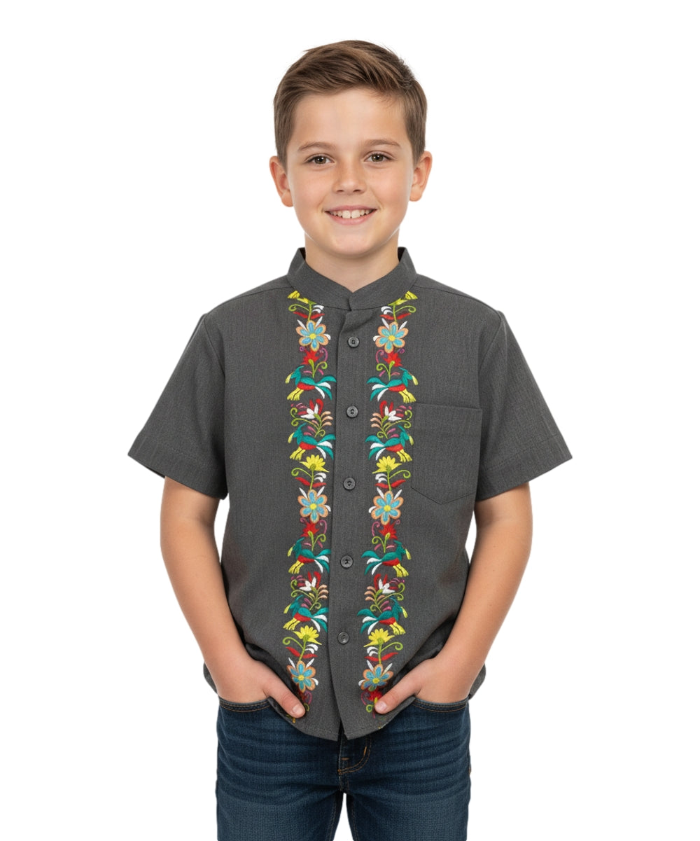 Premium Quality Boys Guayabera Embroidery Button down Shirt White Floral BSM08