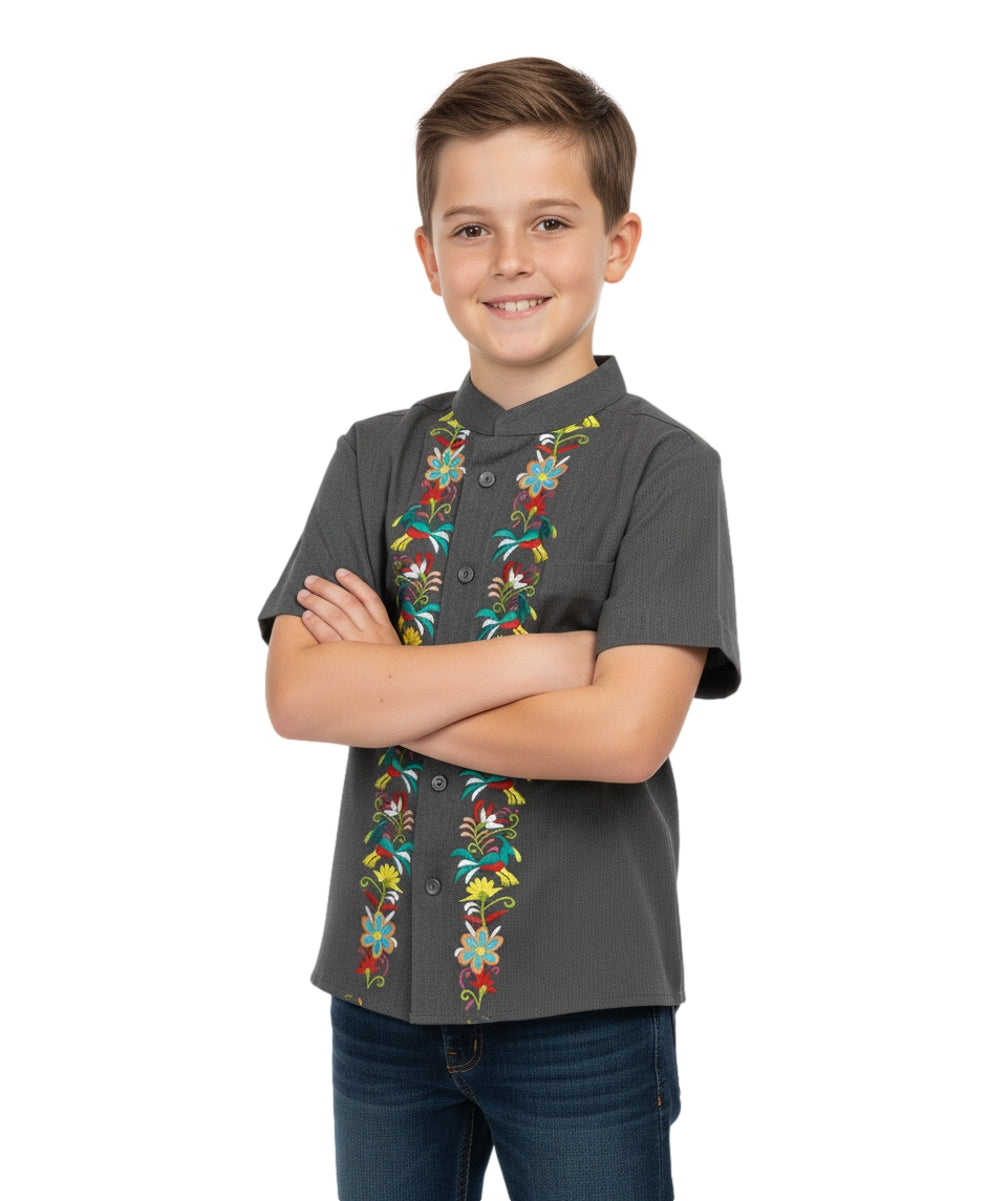 Premium Quality Boys Guayabera Embroidery Button down Shirt White Floral BSM08