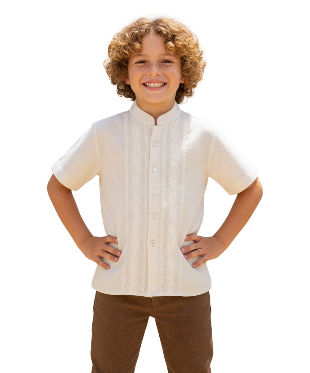 Premium Quality Boys Guayabera Embroidery Button down Shirt White Floral BSM08