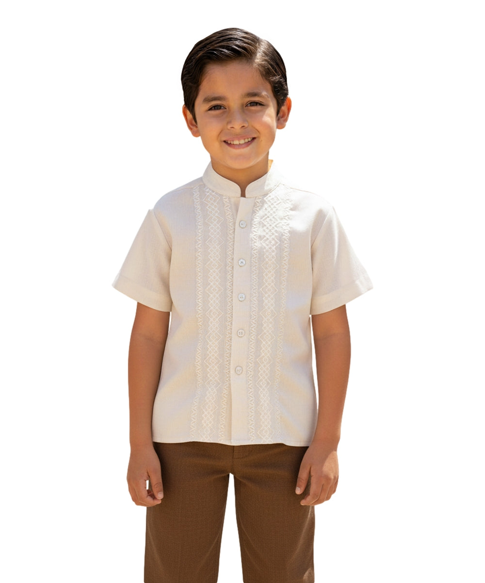 Premium Quality Boys Guayabera Embroidery Button down Shirt White Floral BSM08
