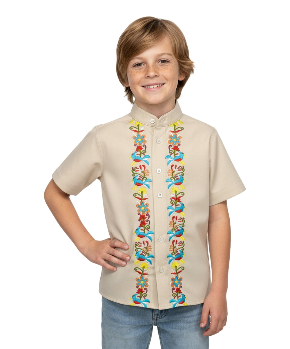 Premium Quality Boys Guayabera Embroidery Button down Shirt White Floral BSM08
