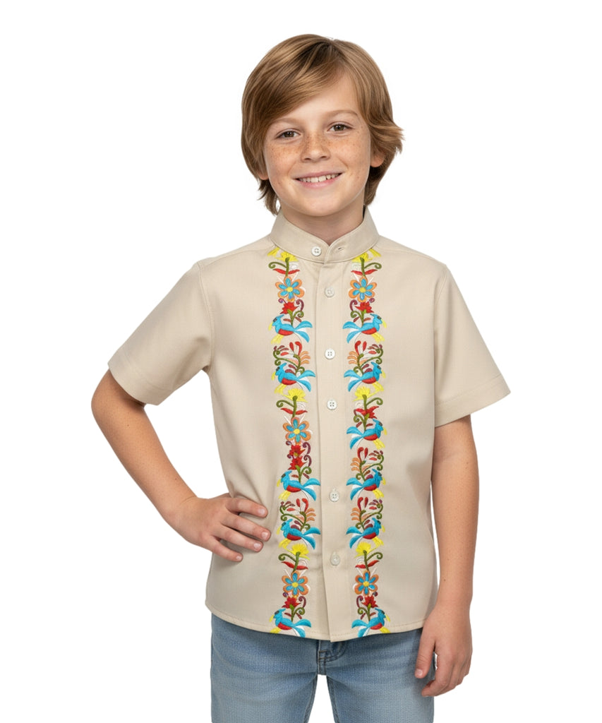 Premium Quality Boys Guayabera Embroidery Button down Ivory Quetzal BSM08