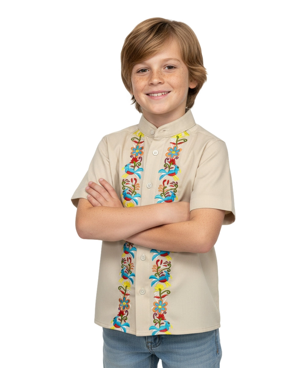 Premium Quality Boys Guayabera Embroidery Button down Ivory Quetzal BSM08