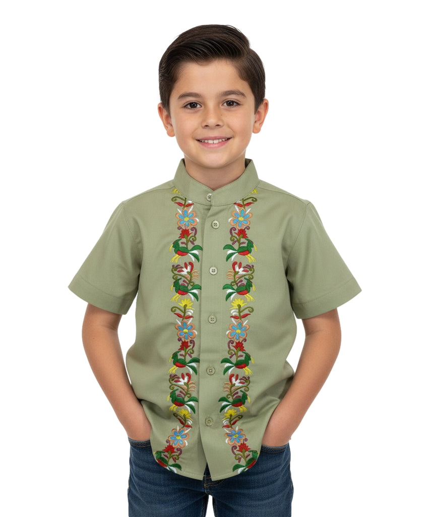 Premium Quality Boys Guayabera Embroidery Button down Sage Quetzal BSM08