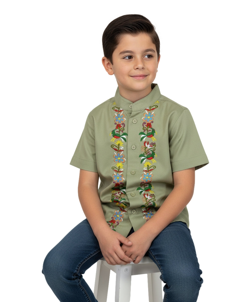 Premium Quality Boys Guayabera Embroidery Button down Shirt White Floral BSM08