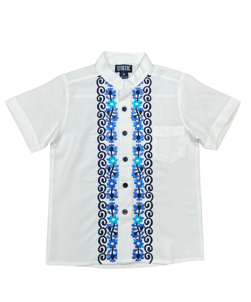 Boys White Floral Guayabera button up shirt 4-14