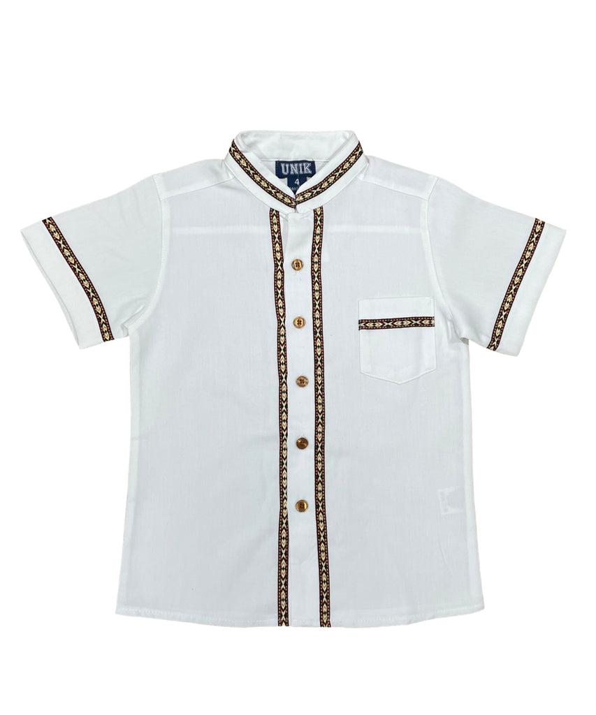 Boys White Trim Guayabera button up shirt 4-14