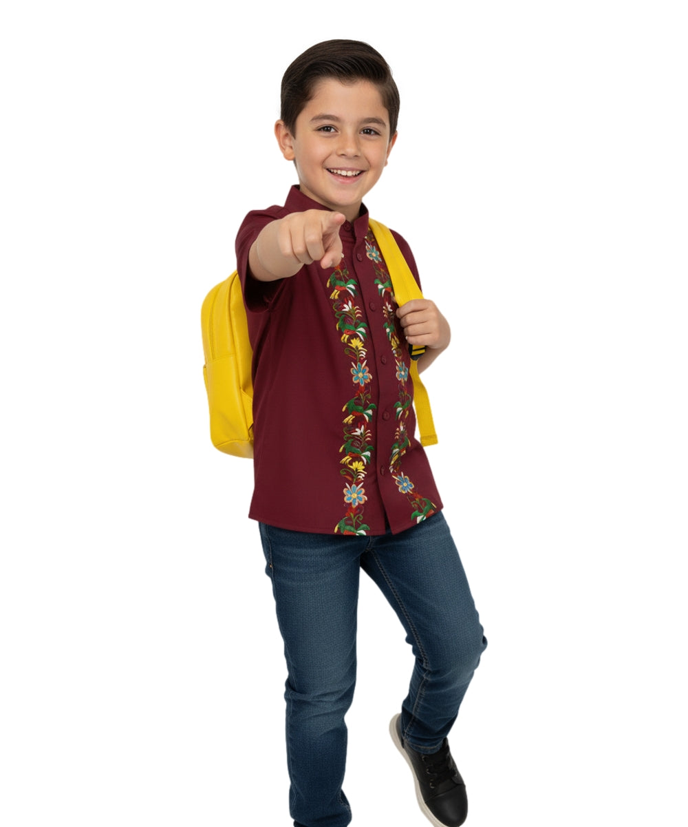 Premium Quality Boys Guayabera Embroidery Button down Black Quetzal BSM08