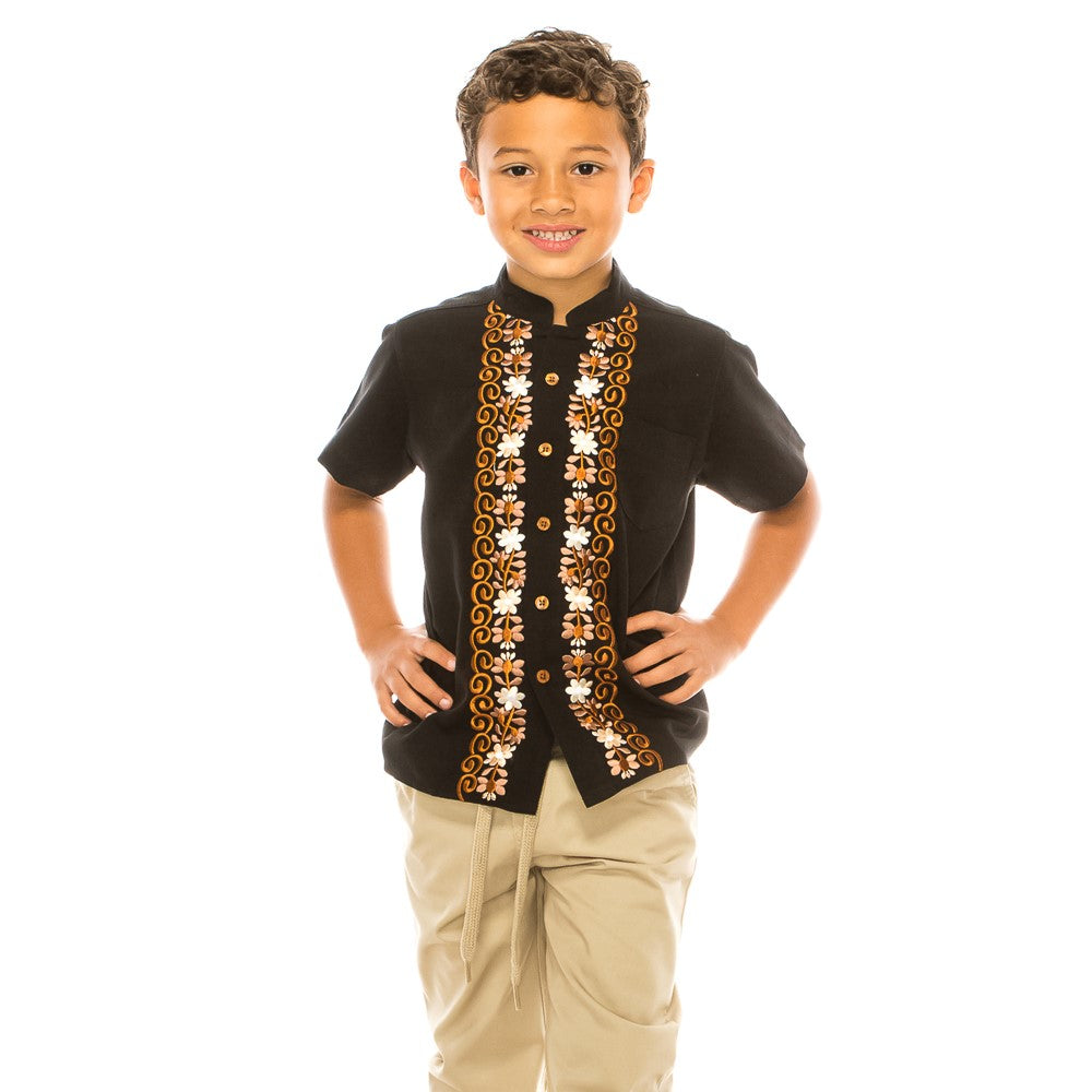Premium Quality Boys Guayabera Embroidery Button down Shirt White Floral BSM08