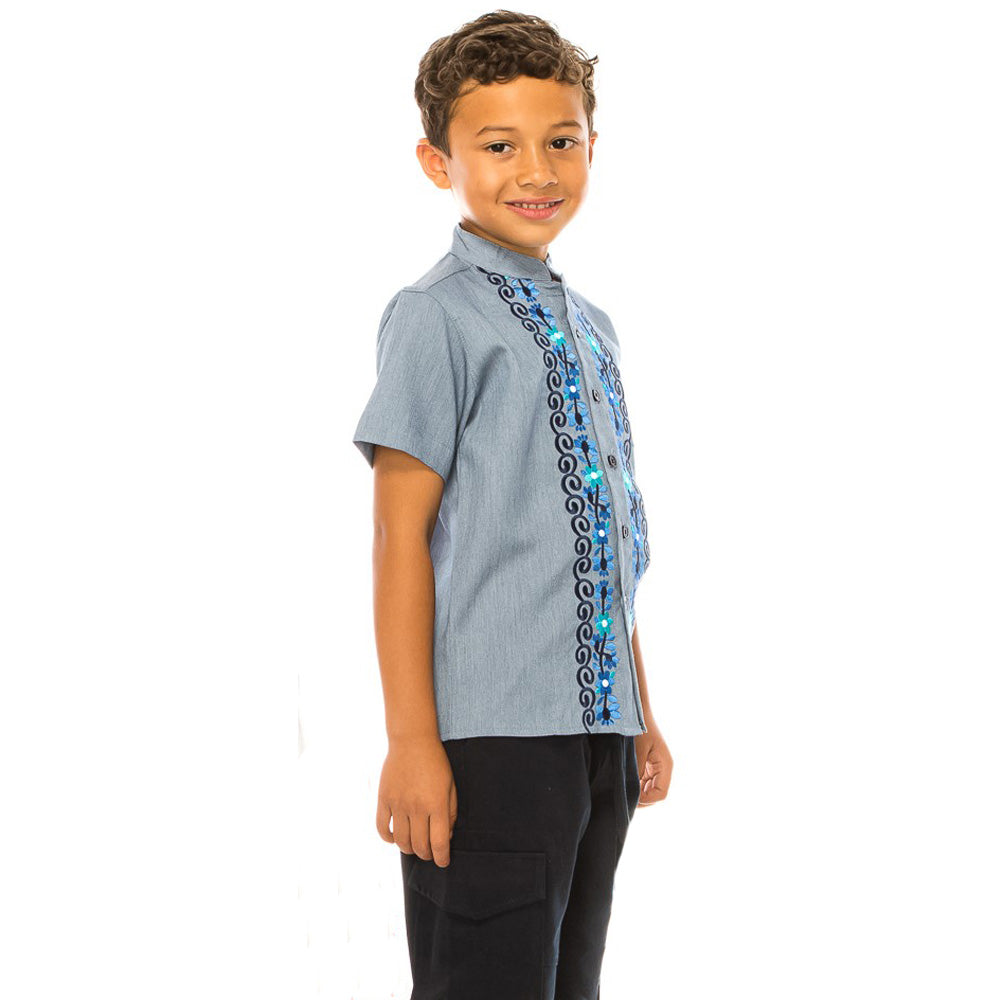 Premium Quality Boys Guayabera Embroidery Button down Shirt White Floral BSM08