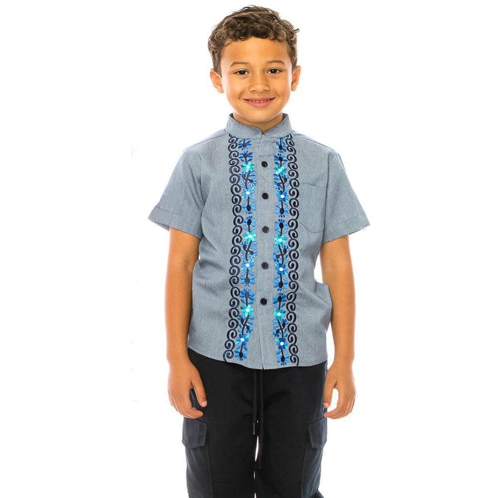 Premium Quality Boys Guayabera Embroidery Button down Shirt Charcoal BSM08