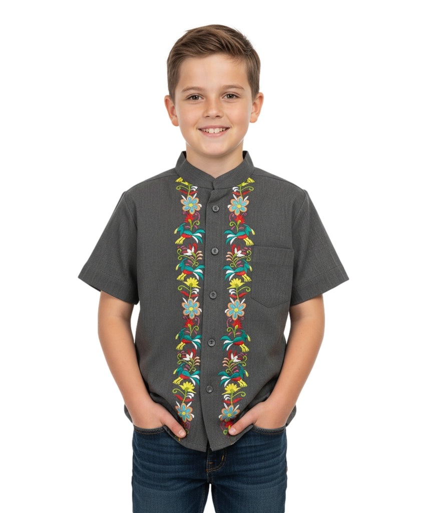 Premium Quality Boys Guayabera Embroidery Button down D Grey Quetzal BSM08