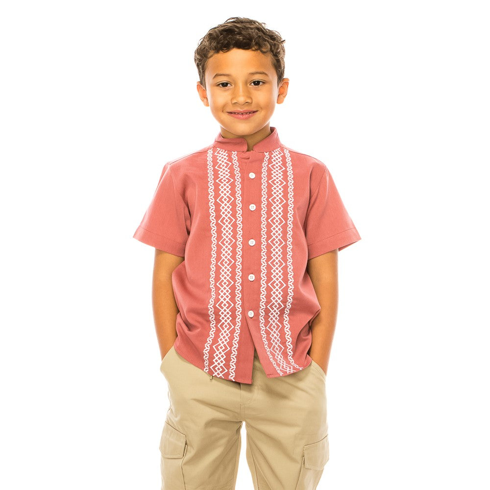 Premium Quality Boys Guayabera Embroidery Button down Shirt Chambray Diamond BSM08