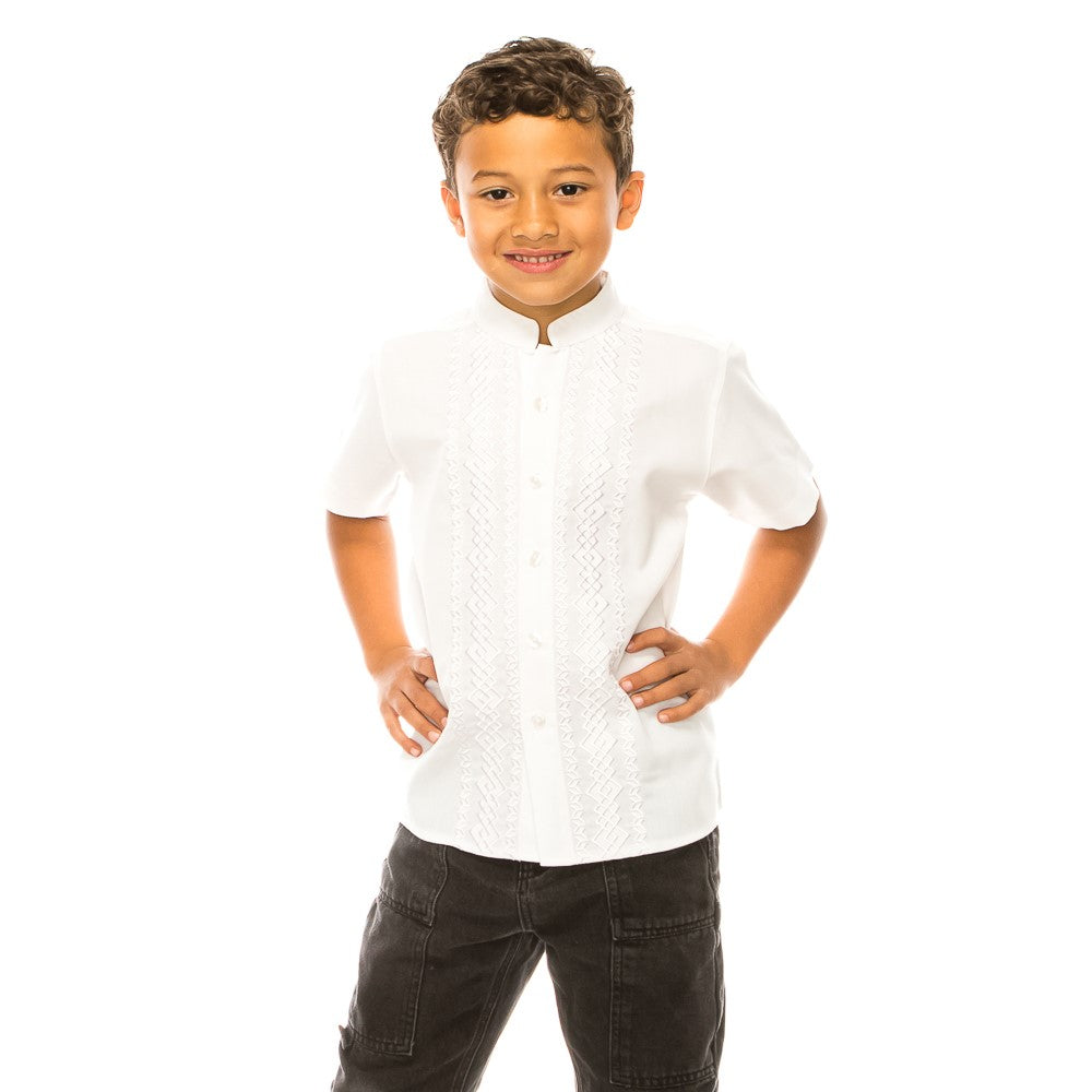 Premium Quality Boys Guayabera Embroidery Button down Shirt White Diamond BSM08