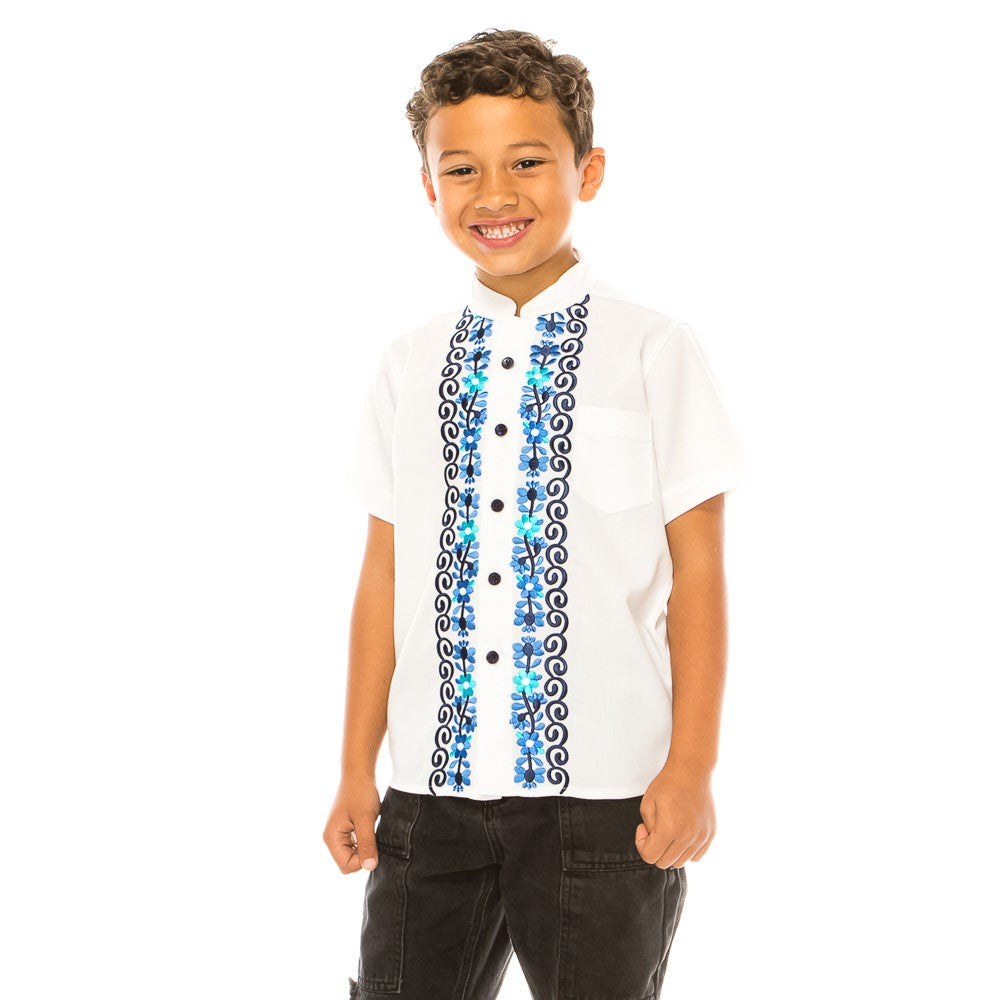 Premium Quality Boys Guayabera Embroidery Button down Shirt White Floral BSM08