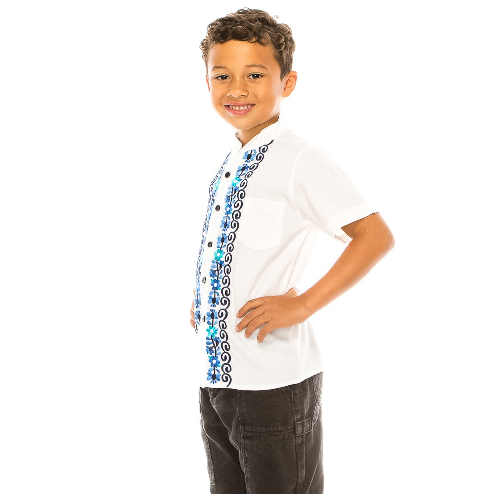 Premium Quality Boys Guayabera Embroidery Button down Shirt White Floral BSM08