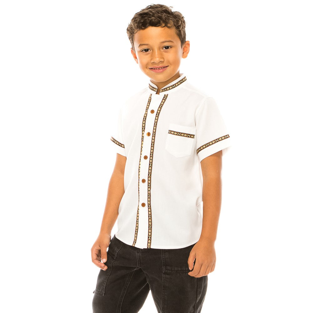 Premium Quality Boys Guayabera Embroidery Button down Shirt White Floral BSM08