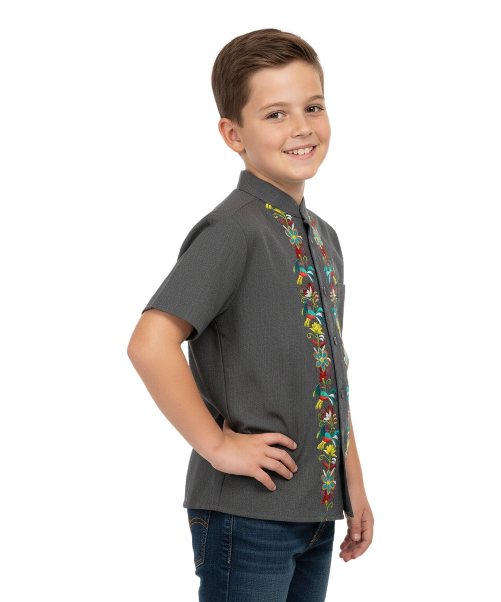 Premium Quality Boys Guayabera Embroidery Button down Shirt White Floral BSM08