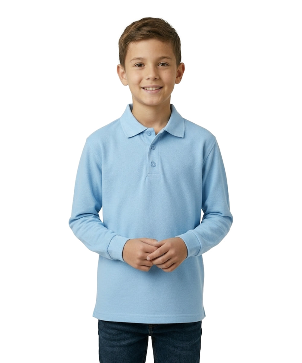 Boy's Premium Quality Uniform Pique Polo Shirt Long Sleeve Shirt Sky Blue 5-18 BSU02