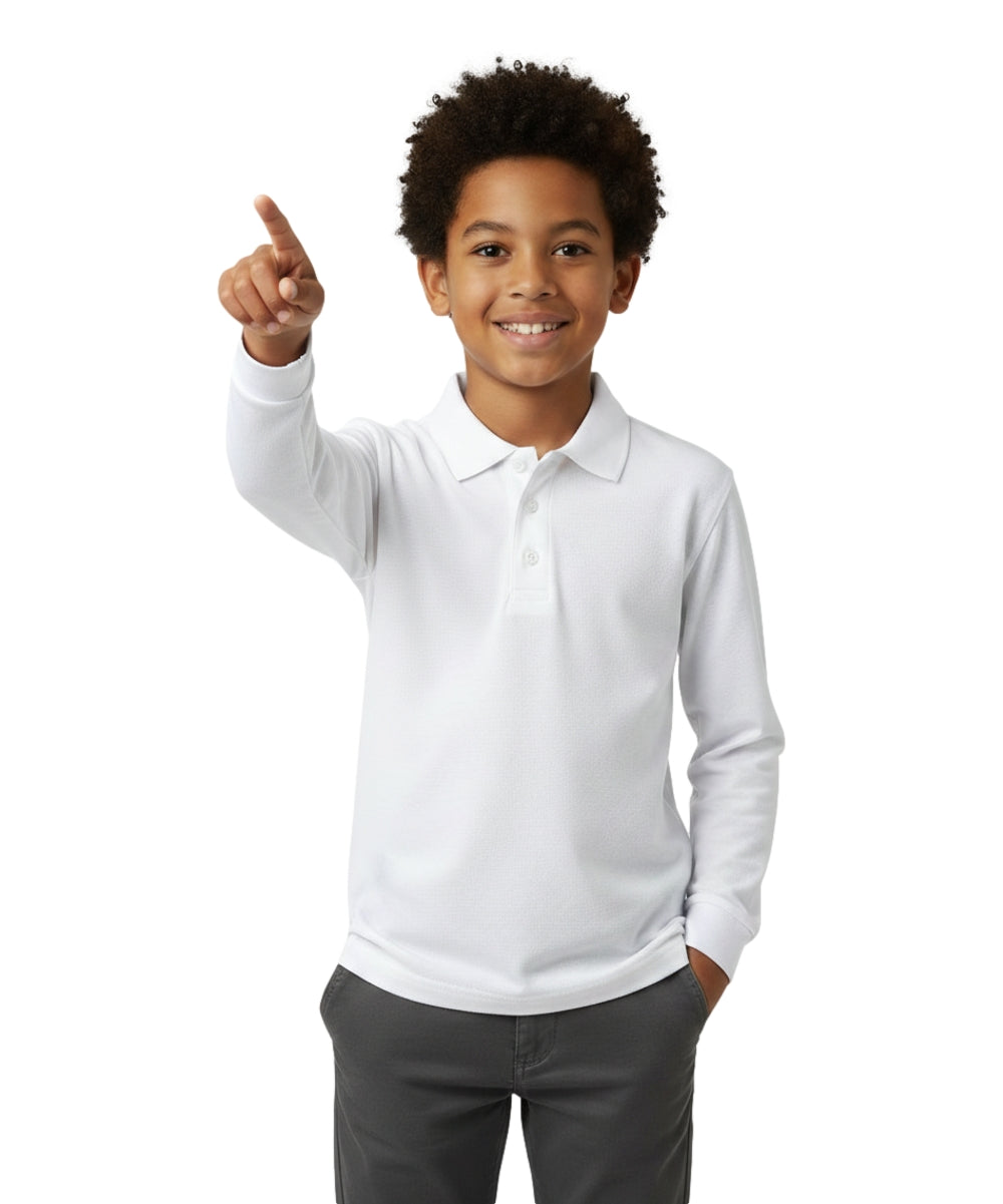 Boy's Premium Quality Uniform Pique Polo Shirt Long Sleeve Shirt White 5-18 BSU02